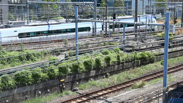 大都会を走る特急電車（あずさ・かいじ・富士回遊）と通勤電車
