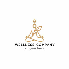 Elegant line art wellness logo with yoga pose figure, leaf, and circle for spa or holistic health.
