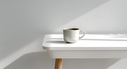 Photo of a minimalist white desk with coffee on a clean background with copy space for text or logo.