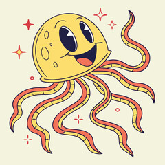 Retro Cartoon Yellow Octopus with Orange Tentacles and Sparkling Star Accents