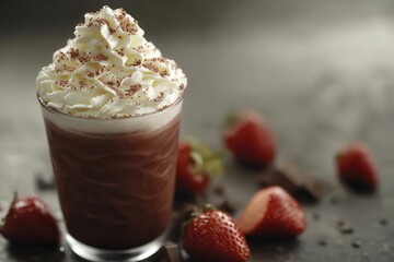 Creamy Chocolate Beverage with Whipped Cream and Fresh Strawberries on a Dark Background
