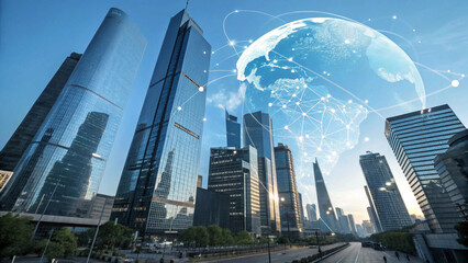 The upward view of modern glass skyscrapers, combined with a global network overlay and blue sky, evokes a sense of technological advancement