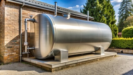 Large metal outdoor heating oil tank for home heating system with chimney and pipes , energy efficiency, home heating system