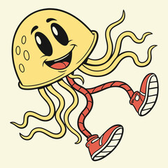 Cartoon Jellyfish Character with Smiling Face, Waving Tentacles and Wearing Sneakers