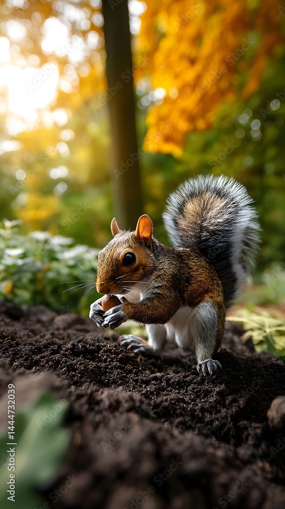 Aufkleber lively squirrel munching on a nutty acorn with focused expression in a natural setting