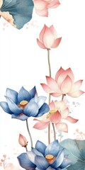 watercolor drawing of  lotus on white backdrop. painting flowers background. illustration floral nature.  flower wallpaper for greeting cards, weddings or birthdays. Copy space. space for text