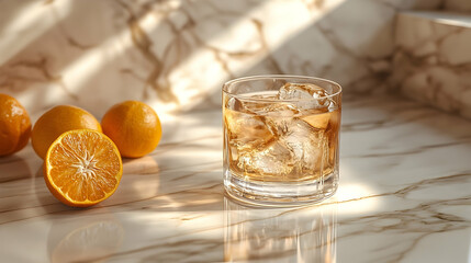 Refreshing beverage with oranges and ice cubes