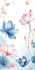 watercolor drawing of pink lotus on white backdrop. painting flowers background. illustration floral nature.  flower wallpaper for greeting cards, weddings or birthdays. Copy space. space for text
