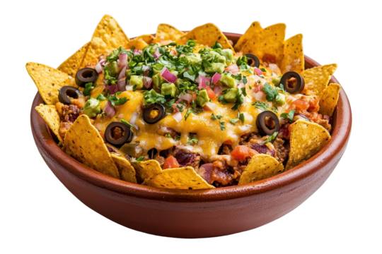 Bowl of crunchy nachos with cheese dip isolated on white perfect for snack food themed designs