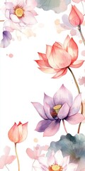 watercolor drawing of lilac lotus on white backdrop. painting flowers background. illustration floral nature.  flower wallpaper for greeting cards, weddings or birthdays. Copy space. space for text