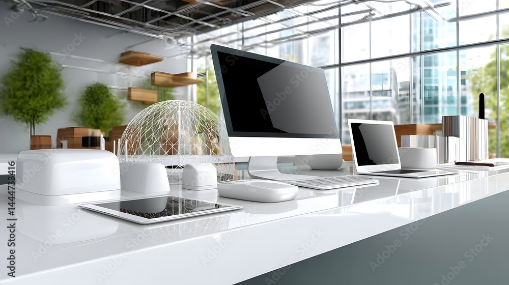 Poster sleek desk featuring a computer and laptop with advanced iot devices for modern workspaces