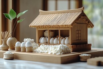 Rustic still life featuring chicken eggs cottage cheese and bamboo house