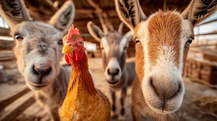 Fototapeta premium Three friendly donkeys and a chicken share a close up moment in a barn setting