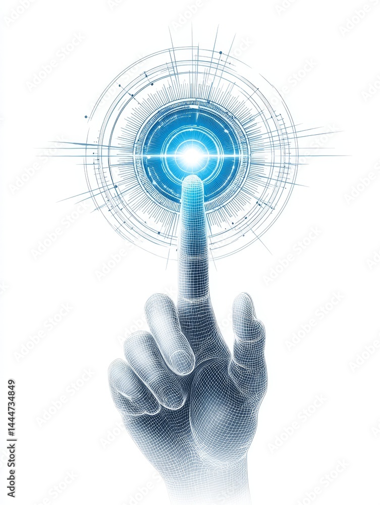 Poster hand interacting with futuristic interface - a wireframe hand interacts with a glowing blue circular