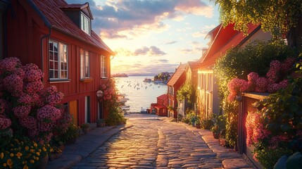 Charming Cobblestone Street Adorned with Colorful Flowers and Vibrant Red Building Evoking Serenity