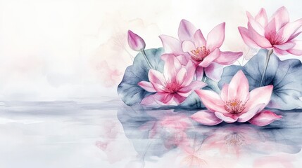 Fototapeta premium watercolor drawing of pink lotus on white backdrop. painting flowers background. illustration floral nature. flower wallpaper for greeting cards, weddings or birthdays. Copy space. space for text