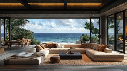 Luxurious beachfront living room with ocean view.