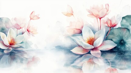 watercolor drawing of pink lotus on white backdrop. painting flowers background. illustration floral nature.  flower wallpaper for greeting cards, weddings or birthdays. Copy space. space for text