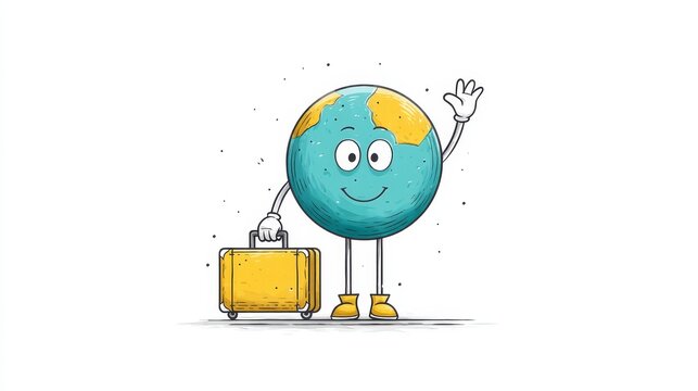 Happy Globe Traveler - A cheerful cartoon Earth character waves goodbye while holding a suitcase, ready for an adventure