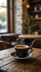 Obraz premium A steaming cup of rich, dark coffee sits on a rustic wooden table, surrounded by scattered coffee beans and a small silver spoon, with soft morning light filtering through a nearby window.