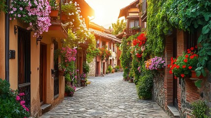 Charming Cobblestone Street Adorned with Colorful Wildflowers Creating a Picturesque Urban Scene