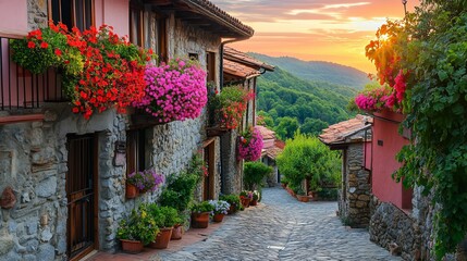 Charming Cobbled Street Adorned with Colorful Flowers and Historic Building Evoking a Serene Atmosphere