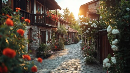 Charming Cobb Road Surrounded by Colorful Flowers and Quaint Buildings Evoking a Picturesque Scene