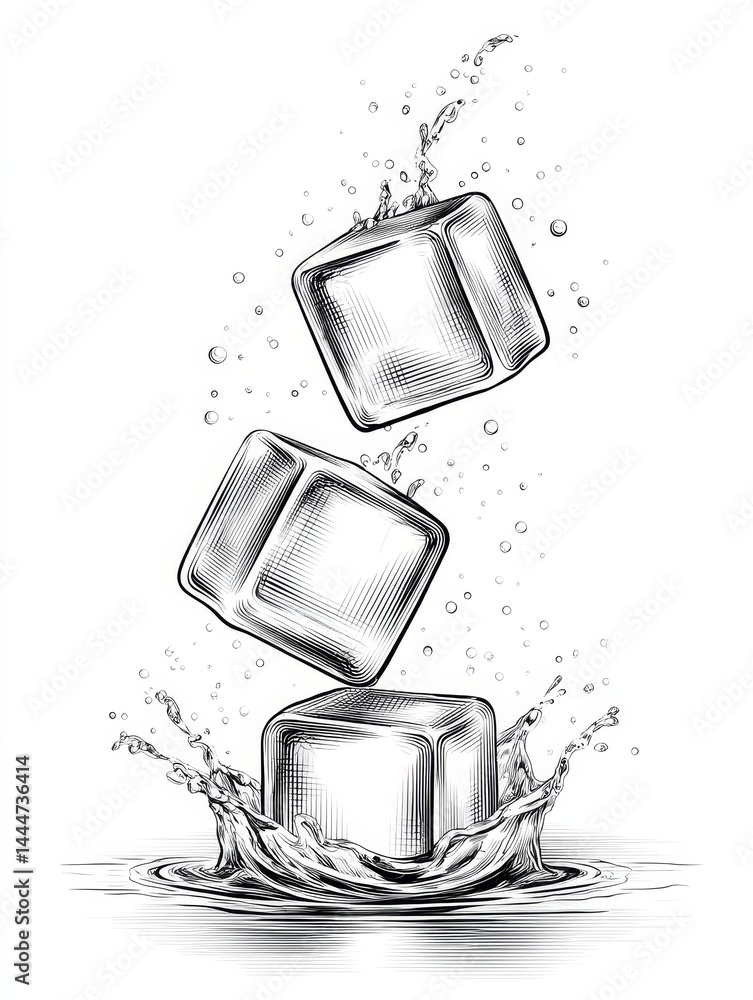Poster ice cubes splashing in water - three ice cubes falling into water creating a splash, depicted in a d
