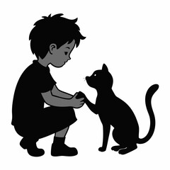 Silhouette art illustration of a child playing with a cat.