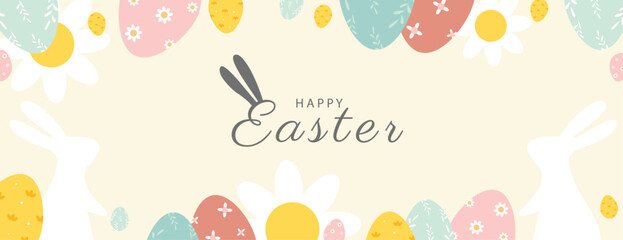Happy Easter banner. Trendy Easter design with typography, eggs, bunny ears, in pastel colors. Modern minimal style. Horizontal poster, greeting card, header for website