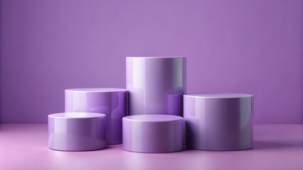 five violet cylindrical stands on light purple background for product showcasing, product showcase, product presentation