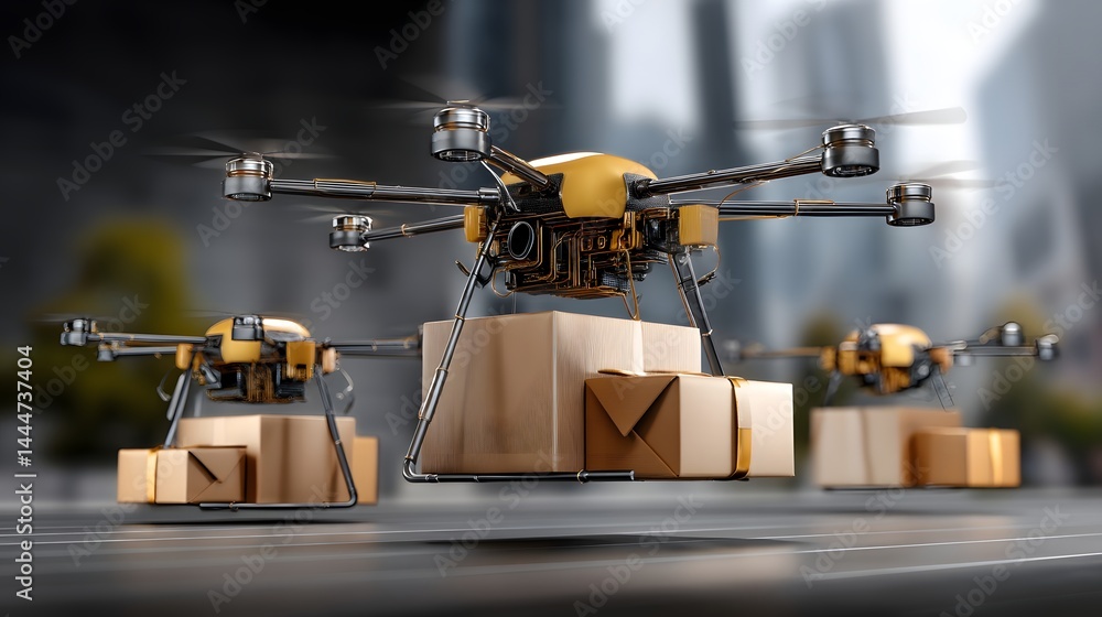 Poster autonomous drone efficiently delivering boxes and packages in a bustling urban environment