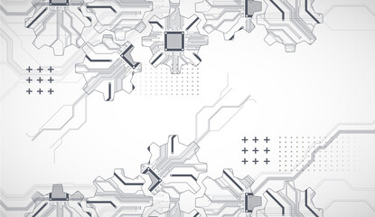 Stylized view of gears integrated with microcircuits. Concept of combining mechanics and electronics.