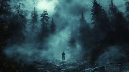 Man Standing in Lush Green Forest Surrounded by Tall Trees Evoking a Sense of Adventure and Calmness