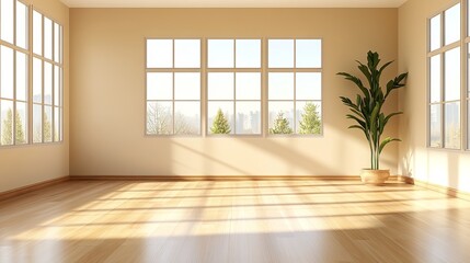 Fototapeta premium Bright and Airy Room with Large Window and Lush Green Plant Creating a Calm and Inviting Atmosphere