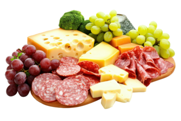 Charcuterie board with cheese and meat PNG image isolated on white perfect for gourmet food presentations