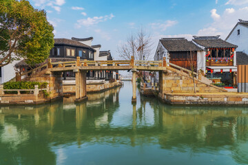 Fototapeta premium The Ancient Architecture, Bridges, and Tourism Landscape of Zhouzhuang Ancient Town in Suzhou, Jiangsu Province On April 18th, 2023 