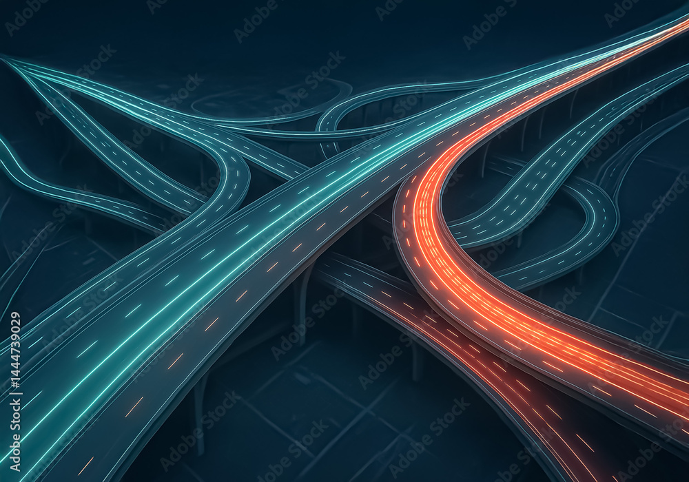 Poster futuristic multilayered highway with illuminated lanes showcasing smart mobility technology in an ab
