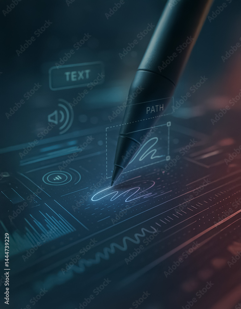 Poster futuristic pen interacts with vibrant holographic interface, illustrating creative paths, soundwave 
