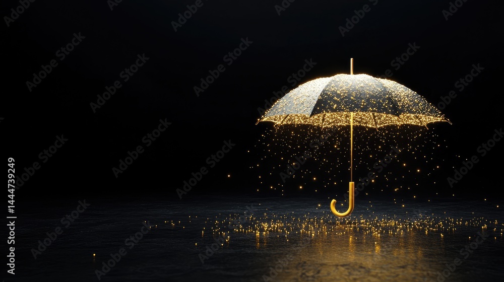 Poster an umbrella glowing with tiny lights sparkles against a deep black background, exuding fantasy vibes