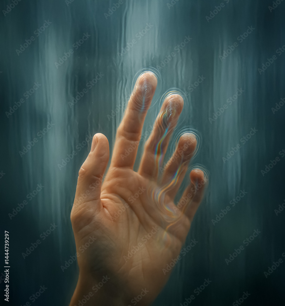 Poster a hand presses against a transparent surface with visible fingerprints and rippling distortion, evok