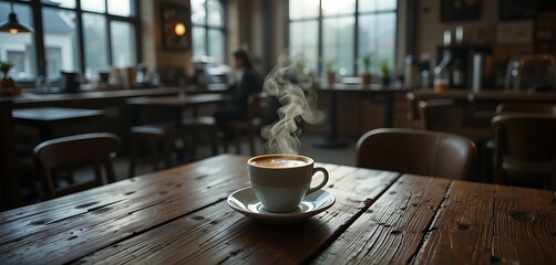 A steaming cup of coffee sits on a rustic wooden table, surrounded by scattered coffee beans and a small silver spoon, with soft morning light filtering through a nearby window.