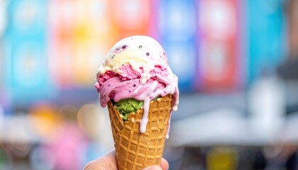 Colorful ice cream cone with raspberry, vanilla, and mint flavors, melting slightly in a vibrant outdoor setting