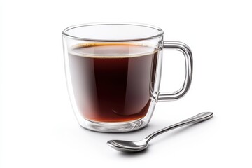 Clear Glass Cup with Hot Black Coffee and Stainless Steel Spoon on White Background