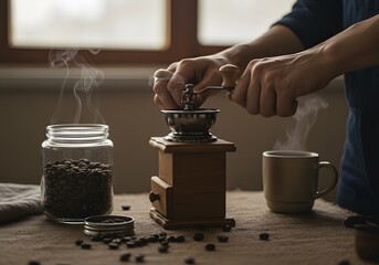 Aromatic ritual: Person grinding coffee beans with a vintage manual mill