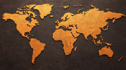 Golden world map silhouette on textured dark brown background, featuring continents and countries in vintage, elegant style, evoking sense of exploration and sophistication