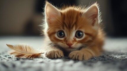 An inquisitive orange kitten crouches playfully on a soft surface, reaching out to interact with a feather toy, highlighting its playful nature in a warm indoor environment