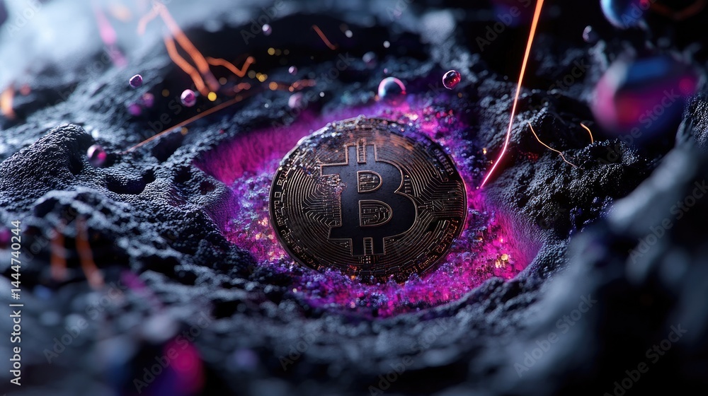 Fototapete Abstract glowing Bitcoin in a data-driven blockchain grid with neon lines and pulsing tech lights