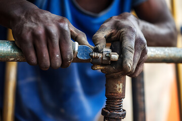 Worker Tightening a Bolt with a Wrench