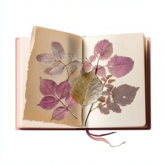 Preserved leaves arranged artistically inside an open book with soft pages